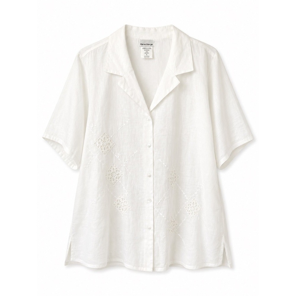 Rene Margo Plus Size‎ 4X White Ramie Embroidered Lace Blouse Top Short Sleeve